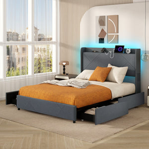 Full/Queen Size Bed Frame with LED Lights and Charging Station-Queen Size