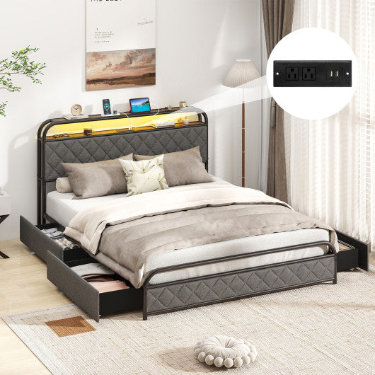 Twin/Full/Queen Size Bed Frame with LED Lights and Charging Station-Queen Size