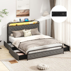 Twin/Full/Queen Size Bed Frame with LED Lights and Charging Station-Queen Size