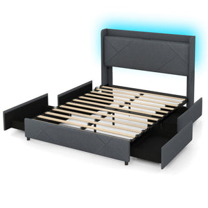 Full/Queen Size Bed Frame with LED Lights and Charging Station-Queen Size