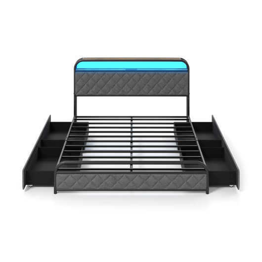 Twin/Full/Queen Size Bed Frame with LED Lights and Charging Station-Queen Size