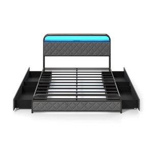 Twin/Full/Queen Size Bed Frame with LED Lights and Charging Station-Queen Size