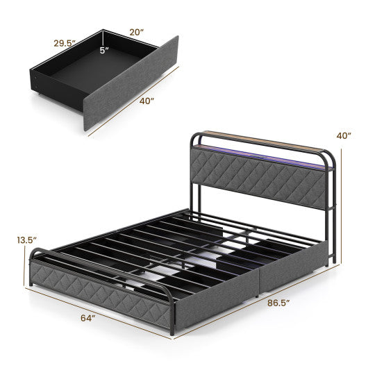 Twin/Full/Queen Size Bed Frame with LED Lights and Charging Station-Queen Size
