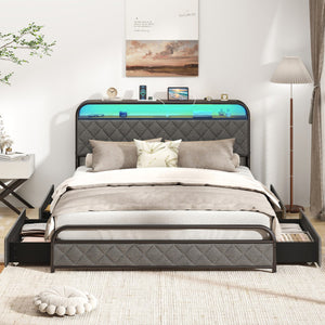 Twin/Full/Queen Size Bed Frame with LED Lights and Charging Station-Queen Size