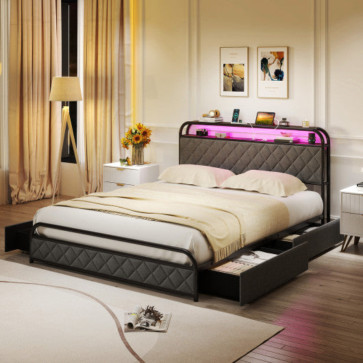 Twin/Full/Queen Size Bed Frame with LED Lights and Charging Station-Queen Size