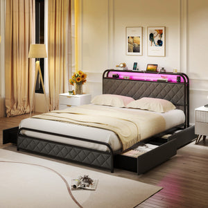 Twin/Full/Queen Size Bed Frame with LED Lights and Charging Station-Queen Size