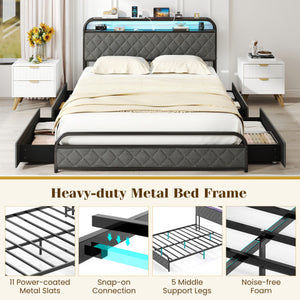 Twin/Full/Queen Size Bed Frame with LED Lights and Charging Station-Queen Size