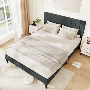 Full/Queen/Twin Size Bed Frame with Vertical Channel Tufted Headboard and Wooden Slats-Queen Size