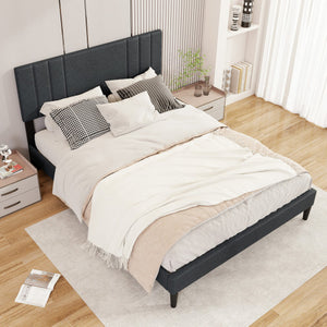 Full/Queen/Twin Size Bed Frame with Vertical Channel Tufted Headboard and Wooden Slats-Queen Size