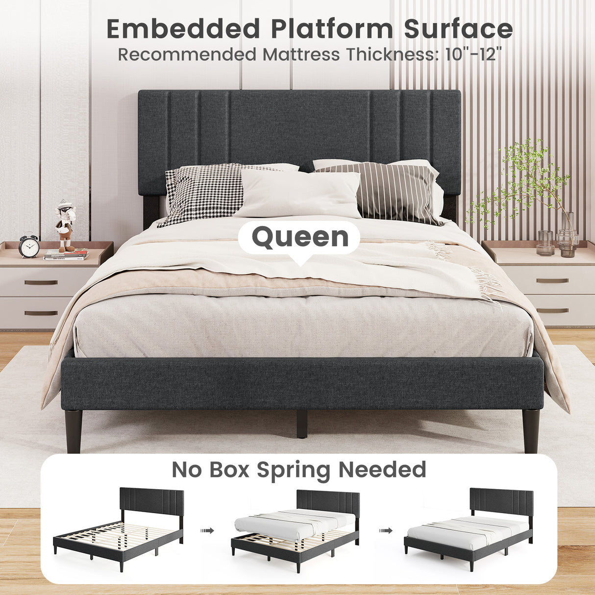Full/Queen/Twin Size Bed Frame with Vertical Channel Tufted Headboard and Wooden Slats-Queen Size
