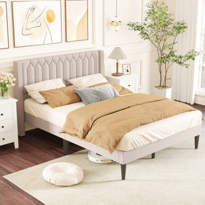 Queen Size Dutch Velvet/Linen Fabric Upholstered Platform Bed with Wingback Headboard and Wooden Slat Support-Beige