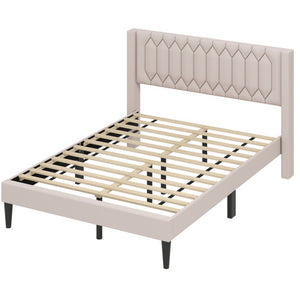 Queen Size Dutch Velvet/Linen Fabric Upholstered Platform Bed with Wingback Headboard and Wooden Slat Support-Beige