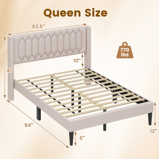 Queen Size Dutch Velvet/Linen Fabric Upholstered Platform Bed with Wingback Headboard and Wooden Slat Support-Beige