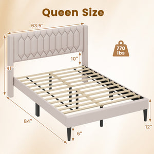 Queen Size Dutch Velvet/Linen Fabric Upholstered Platform Bed with Wingback Headboard and Wooden Slat Support-Beige