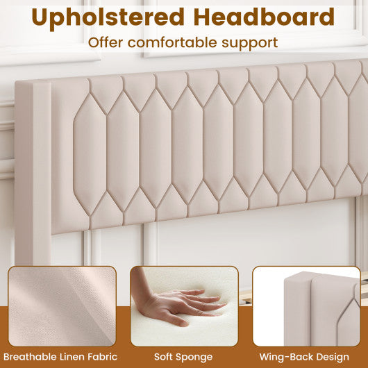 Queen Size Dutch Velvet/Linen Fabric Upholstered Platform Bed with Wingback Headboard and Wooden Slat Support-Beige