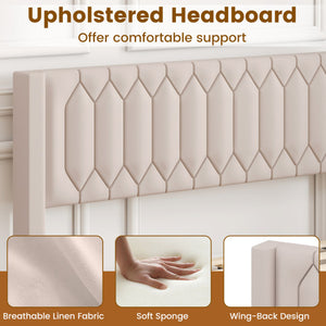 Queen Size Dutch Velvet/Linen Fabric Upholstered Platform Bed with Wingback Headboard and Wooden Slat Support-Beige