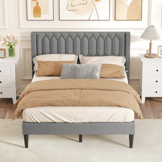 Queen Size Dutch Velvet/Linen Fabric Upholstered Platform Bed with Wingback Headboard and Wooden Slat Support-Gray、