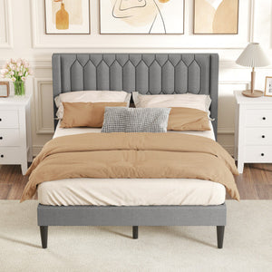 Queen Size Dutch Velvet/Linen Fabric Upholstered Platform Bed with Wingback Headboard and Wooden Slat Support-Gray、