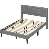 Queen Size Dutch Velvet/Linen Fabric Upholstered Platform Bed with Wingback Headboard and Wooden Slat Support-Gray、