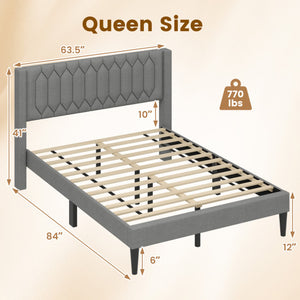 Queen Size Dutch Velvet/Linen Fabric Upholstered Platform Bed with Wingback Headboard and Wooden Slat Support-Gray、