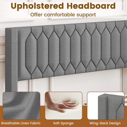 Queen Size Dutch Velvet/Linen Fabric Upholstered Platform Bed with Wingback Headboard and Wooden Slat Support-Gray、