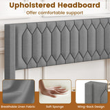 Queen Size Dutch Velvet/Linen Fabric Upholstered Platform Bed with Wingback Headboard and Wooden Slat Support-Gray、