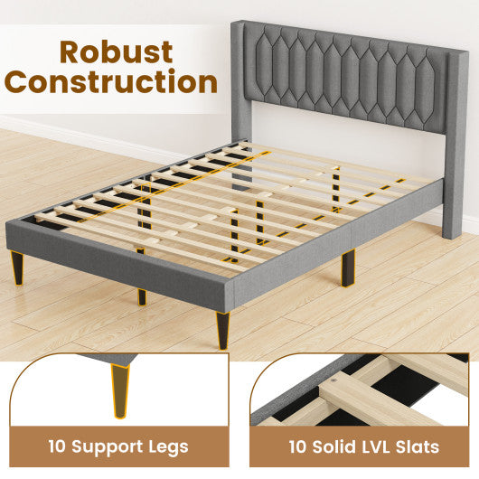 Queen Size Dutch Velvet/Linen Fabric Upholstered Platform Bed with Wingback Headboard and Wooden Slat Support-Gray、