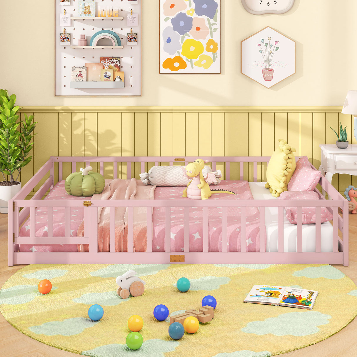 Queen Size Floor Bed Kids Montessori Bed Frame with Full Length Safety Guardrails-Pink
