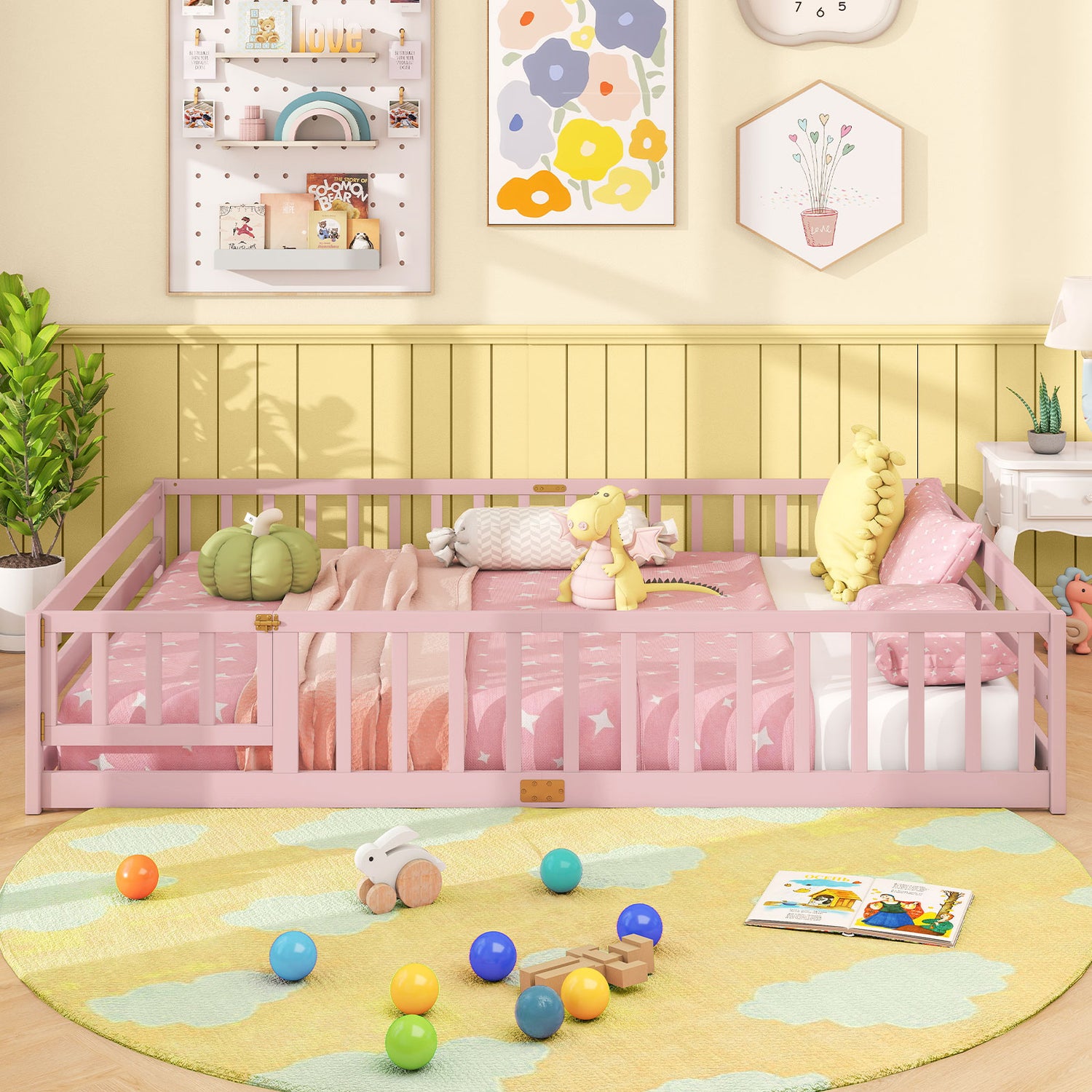 Queen Size Floor Bed Kids Montessori Bed Frame with Full Length Safety Guardrails-Pink
