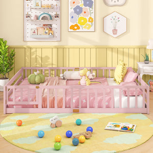 Queen Size Floor Bed Kids Montessori Bed Frame with Full Length Safety Guardrails-Pink