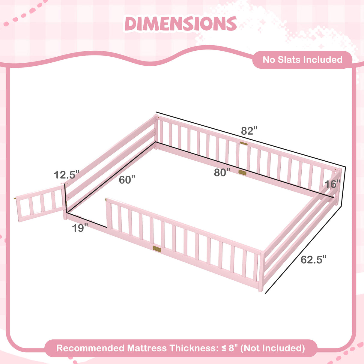 Queen Size Floor Bed Kids Montessori Bed Frame with Full Length Safety Guardrails-Pink