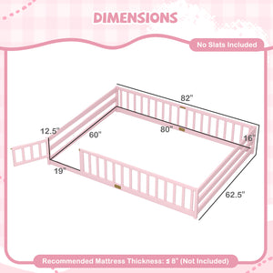 Queen Size Floor Bed Kids Montessori Bed Frame with Full Length Safety Guardrails-Pink