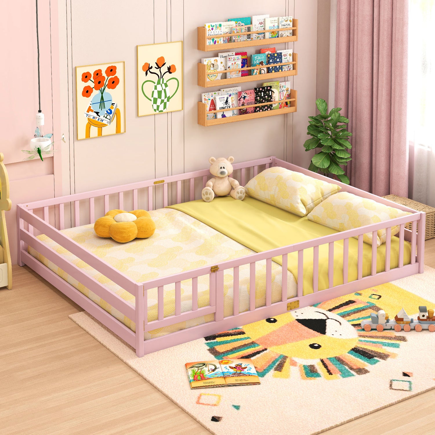 Queen Size Floor Bed Kids Montessori Bed Frame with Full Length Safety Guardrails-Pink