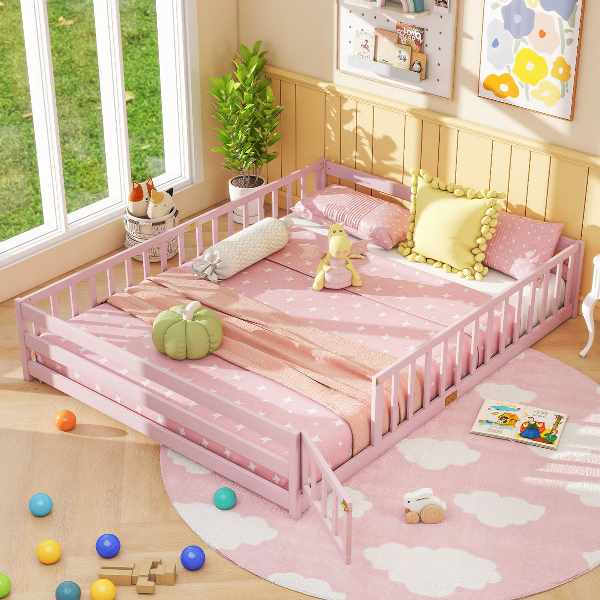 Queen Size Floor Bed Kids Montessori Bed Frame with Full Length Safety Guardrails-Pink