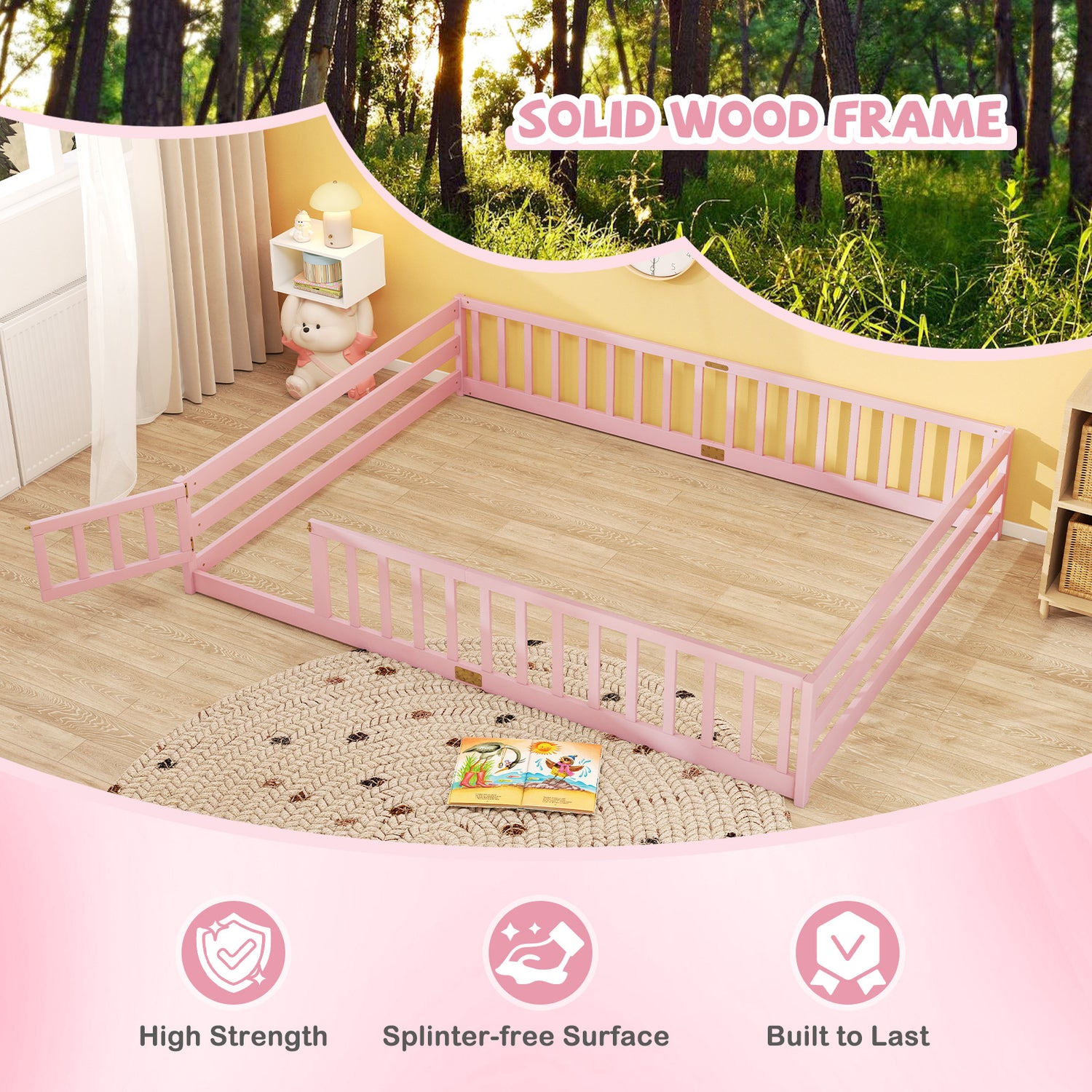 Queen Size Floor Bed Kids Montessori Bed Frame with Full Length Safety Guardrails-Pink
