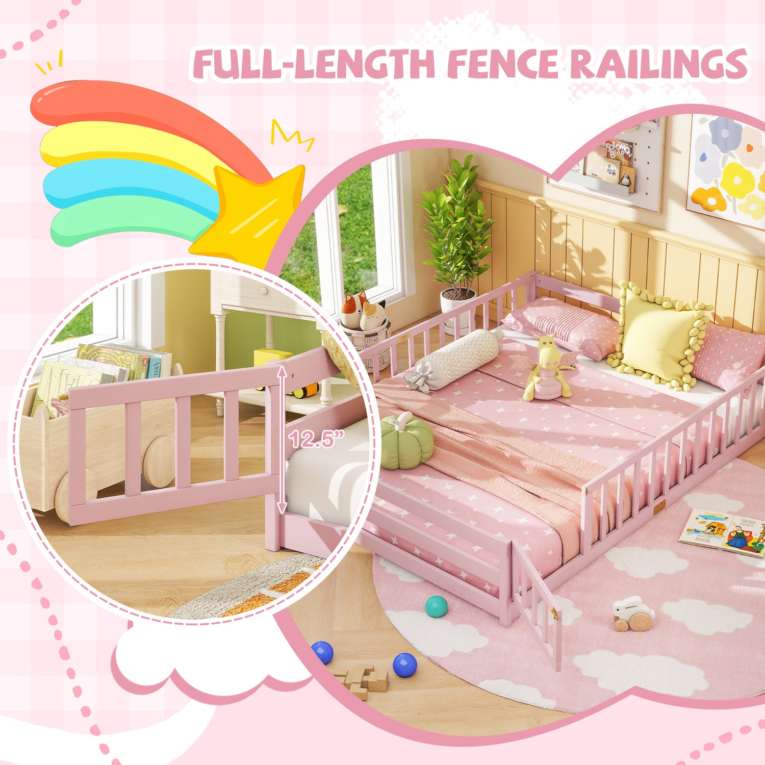 Queen Size Floor Bed Kids Montessori Bed Frame with Full Length Safety Guardrails-Pink