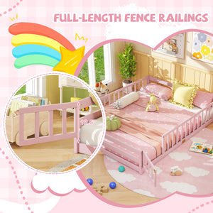 Queen Size Floor Bed Kids Montessori Bed Frame with Full Length Safety Guardrails-Pink