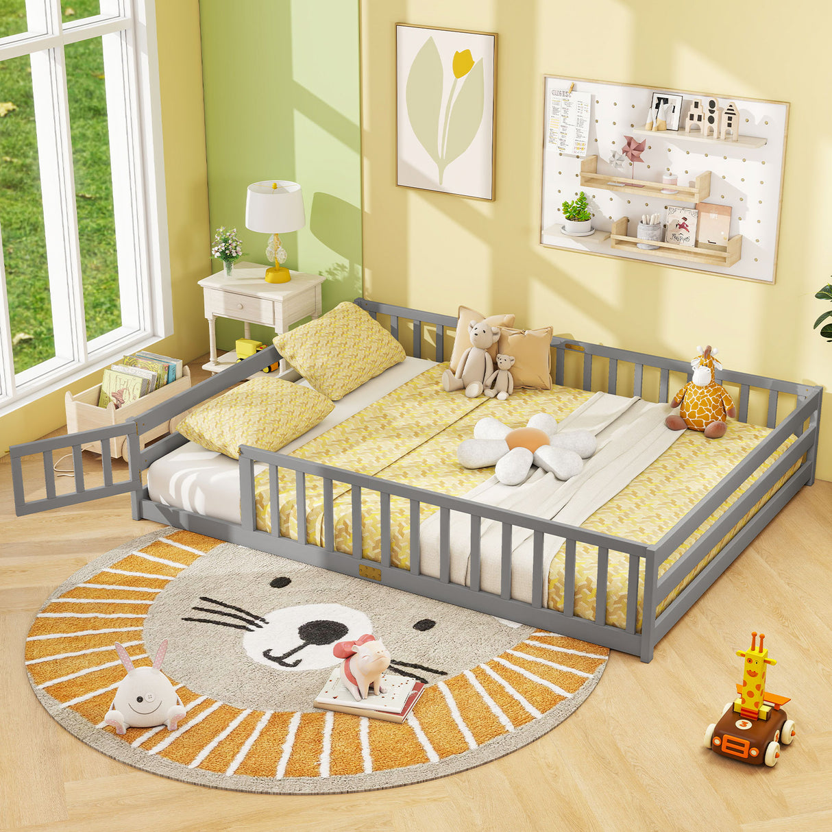 Queen Size Floor Bed Kids Montessori Bed Frame with Full Length Safety Guardrails-Gray