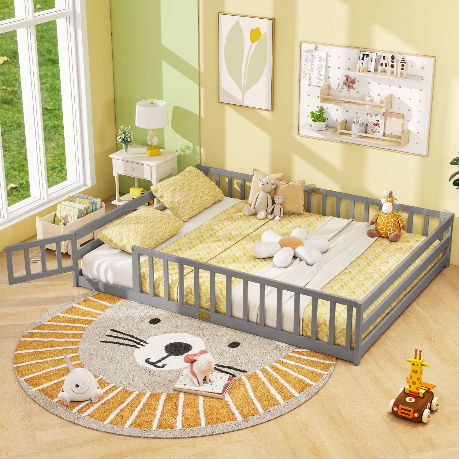 Queen Size Floor Bed Kids Montessori Bed Frame with Full Length Safety Guardrails-Gray