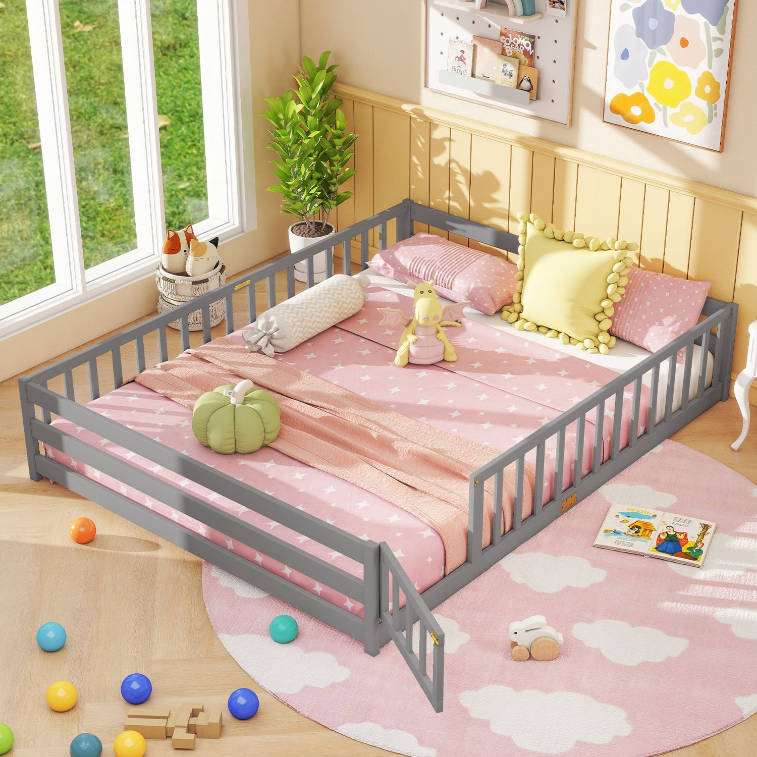 Queen Size Floor Bed Kids Montessori Bed Frame with Full Length Safety Guardrails-Gray