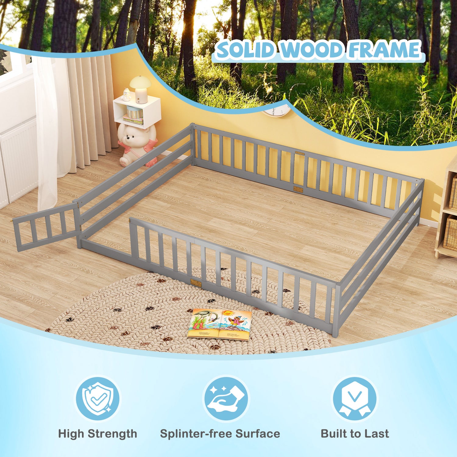 Queen Size Floor Bed Kids Montessori Bed Frame with Full Length Safety Guardrails-Gray
