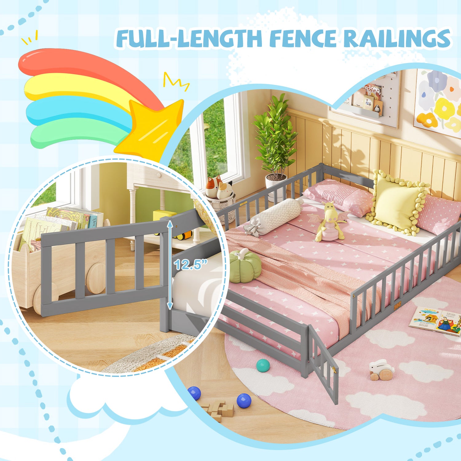 Queen Size Floor Bed Kids Montessori Bed Frame with Full Length Safety Guardrails-Gray