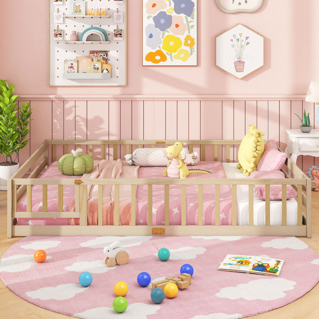 Queen Size Floor Bed Kids Montessori Bed Frame with Full Length Safety Guardrails-Natural