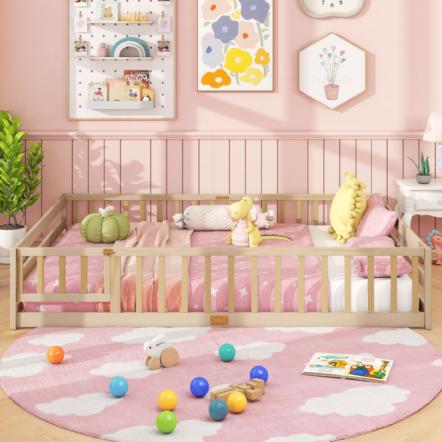 Queen Size Floor Bed Kids Montessori Bed Frame with Full Length Safety Guardrails-Natural