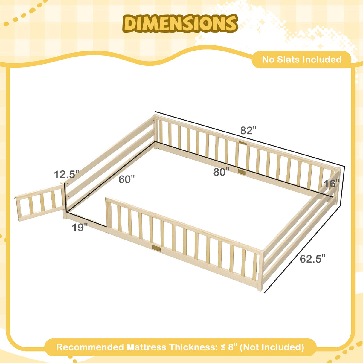 Queen Size Floor Bed Kids Montessori Bed Frame with Full Length Safety Guardrails-Natural