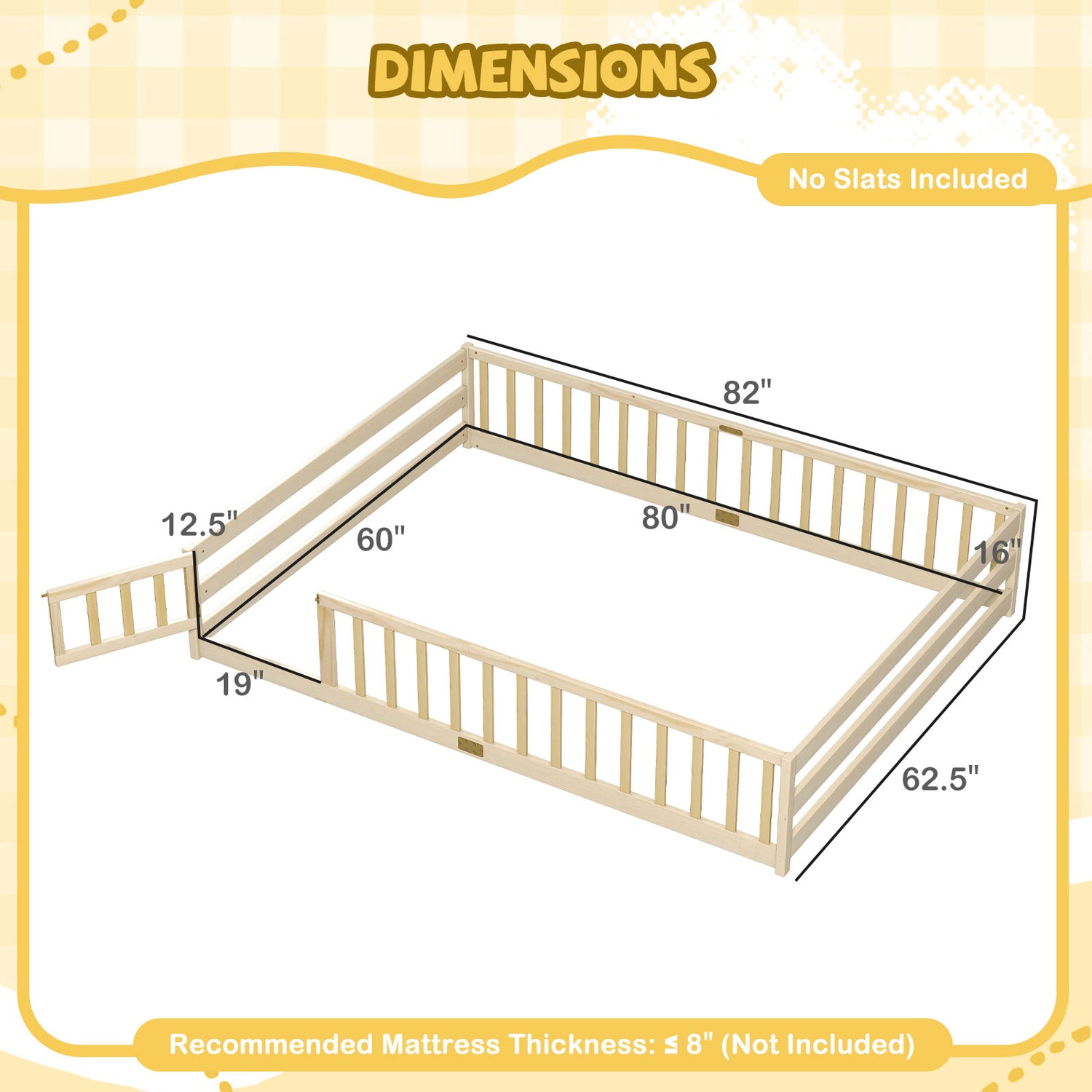 Queen Size Floor Bed Kids Montessori Bed Frame with Full Length Safety Guardrails-Natural