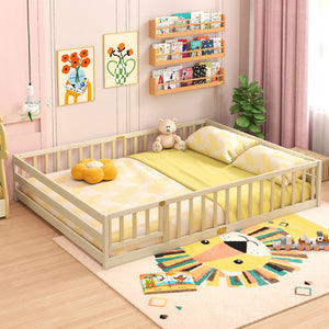 Queen Size Floor Bed Kids Montessori Bed Frame with Full Length Safety Guardrails-Natural