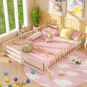 Queen Size Floor Bed Kids Montessori Bed Frame with Full Length Safety Guardrails-Natural