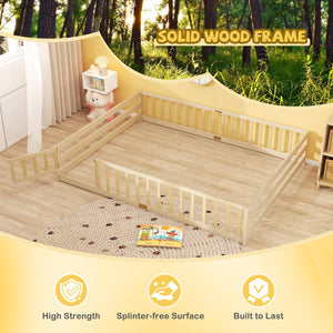 Queen Size Floor Bed Kids Montessori Bed Frame with Full Length Safety Guardrails-Natural