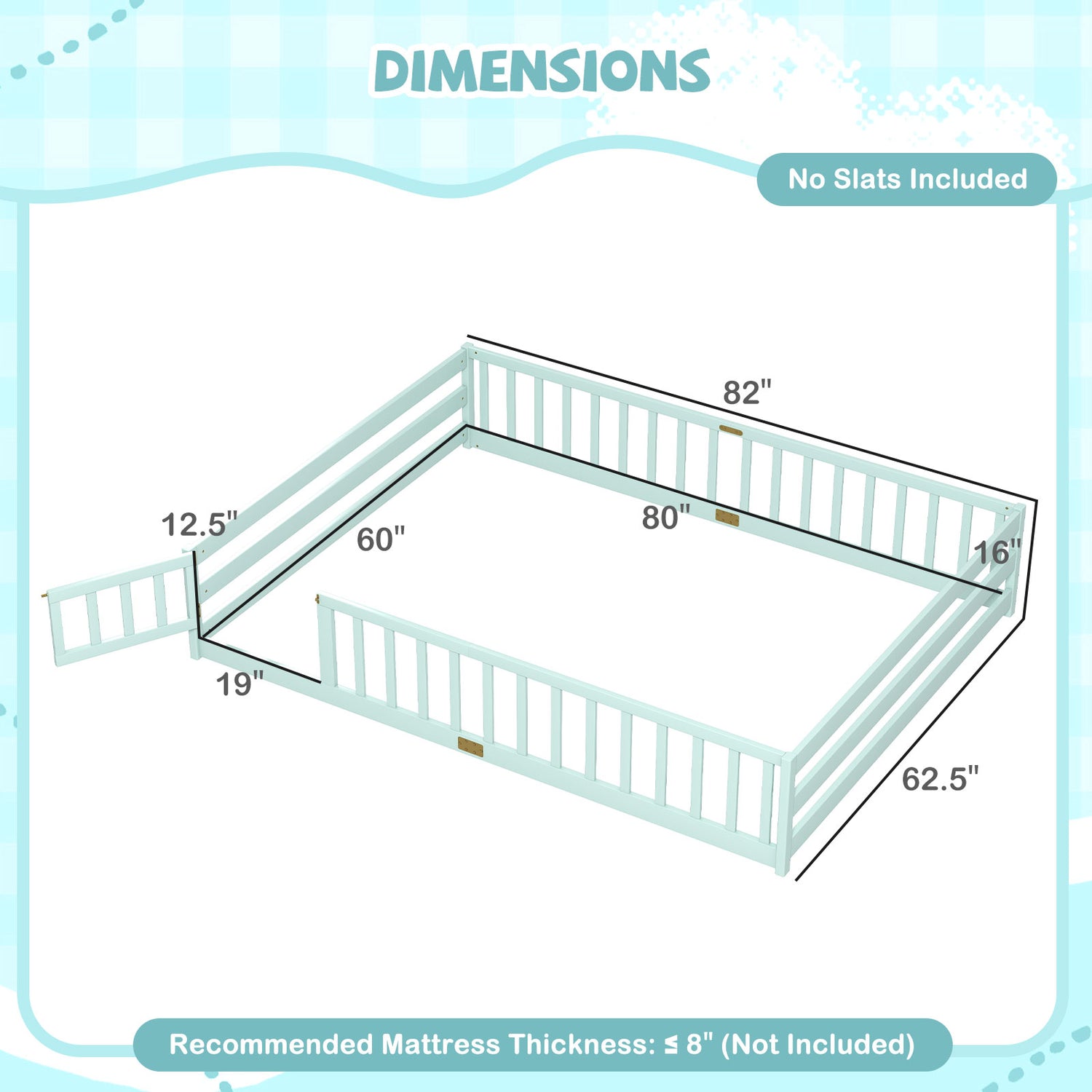 Queen Size Floor Bed Kids Montessori Bed Frame with Full Length Safety Guardrails-Green